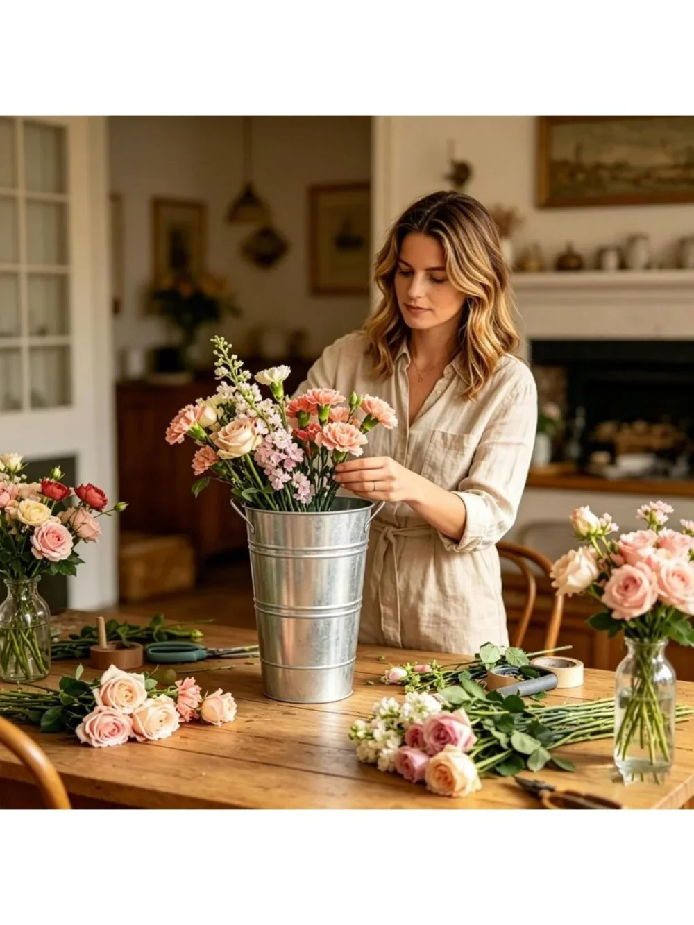 Set of 8 Galvanized Metal Flower Buckets - 10 Inch Rustic Vases for Home Decor